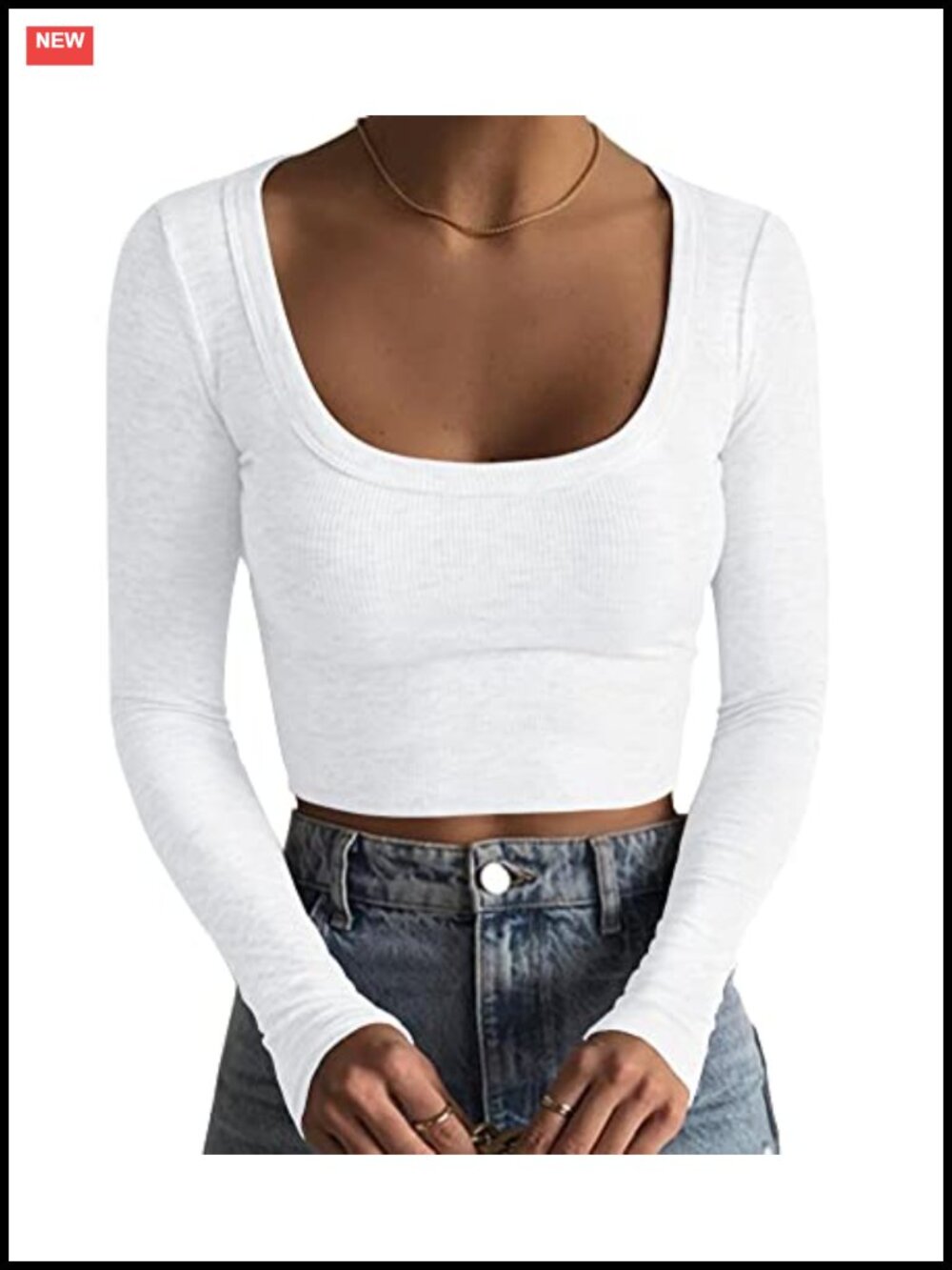 Women's Ribbed Knit Long Sleeve Square Neck Crop Top Slim Fit Basic